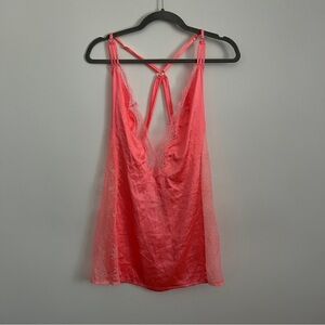 Victoria’s Secret Coral Satin Lace Trim Plunge Racerback Camisole Slip-Size M
